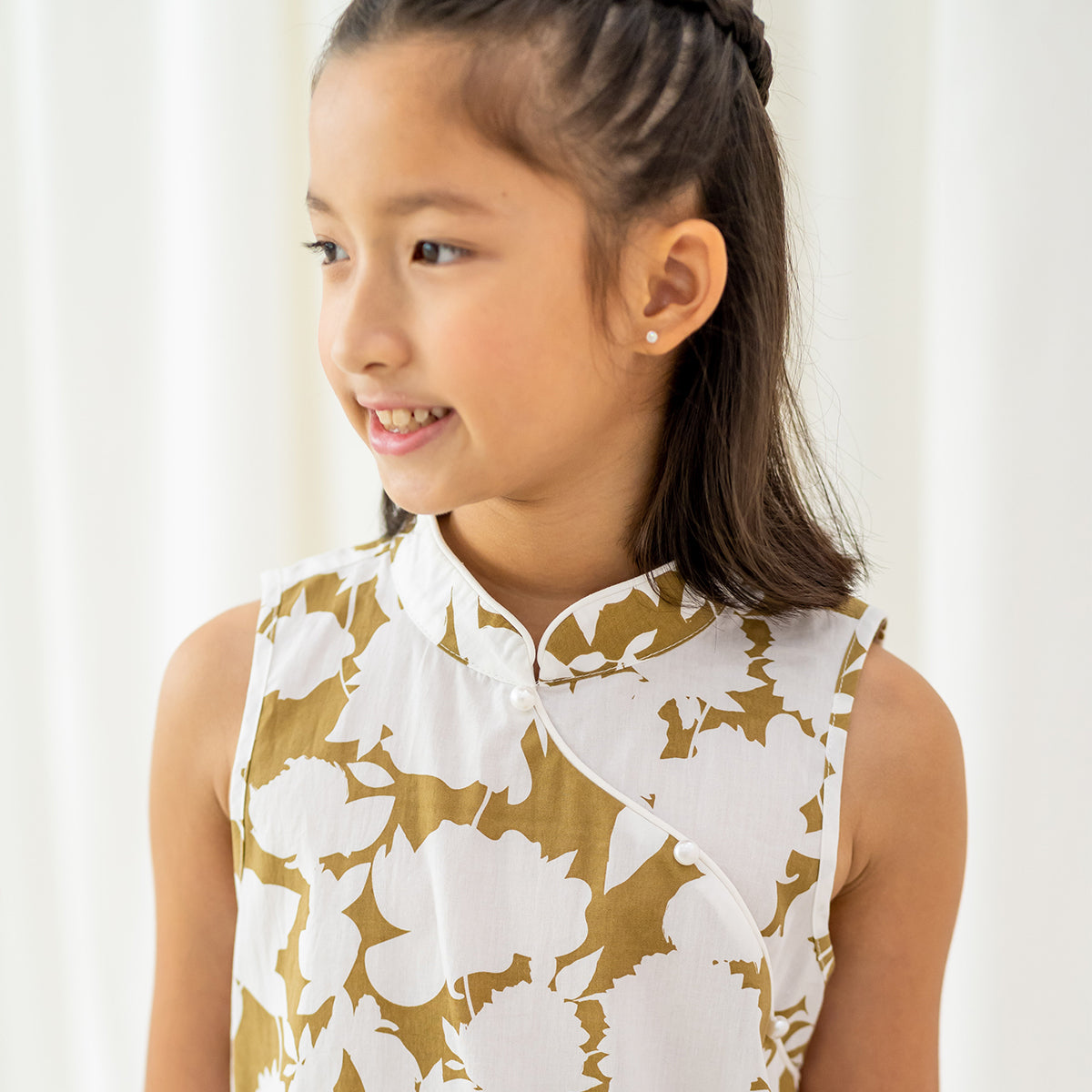 Garden Series - Girls Cheongsam in Ochre Floral by Le Petit Society — image 3