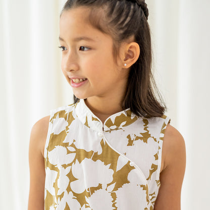Garden Series - Girls Cheongsam in Ochre Floral by Le Petit Society — image 3