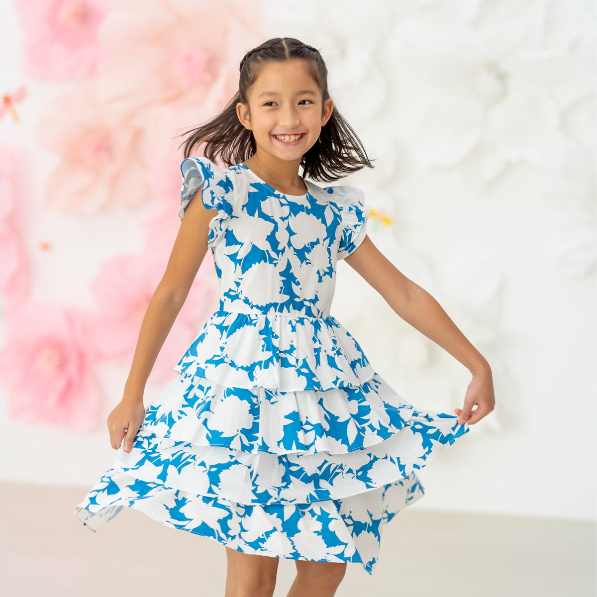 Garden Series - Girls Tiered Dress in Blue Floral by Le Petit Society — image 13