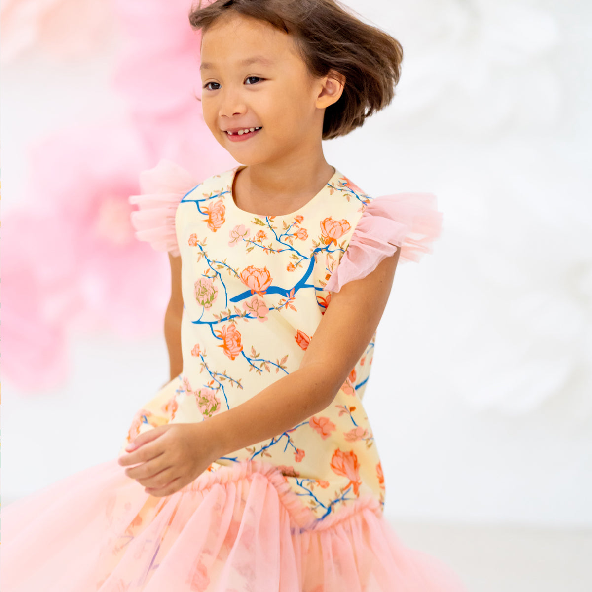 Garden Series - Girls Tulle Dress in Yellow Peony by Le Petit Society