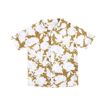 Garden Series - Boys Camp Collar Shirt in Ochre Floral by Le Petit Society — image 16
