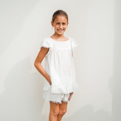 Resort Series - Girls Pom Pom Shorts in White by Le Petit Society — image 3