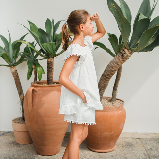 Resort Series - Girls Pom Pom Shorts in White by Le Petit Society