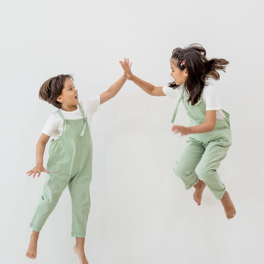 Mama & Mini in Pastel Green Kids Long Overalls by Le Petit Society