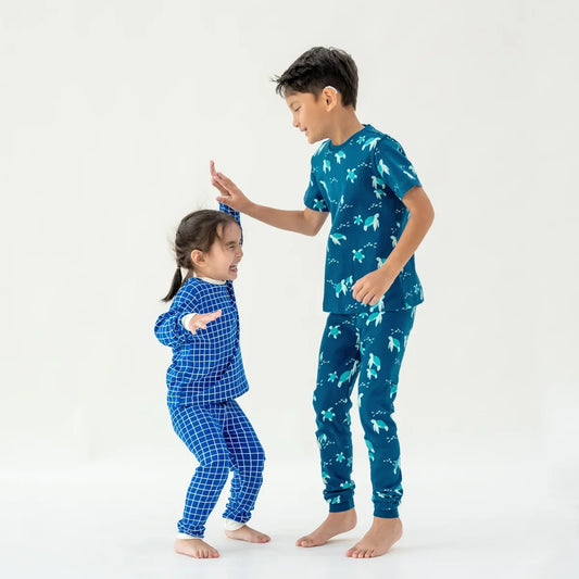 Kids Long Sleeve Organic Pyjamas Set in Grid Print by Le Petit Society — image 2
