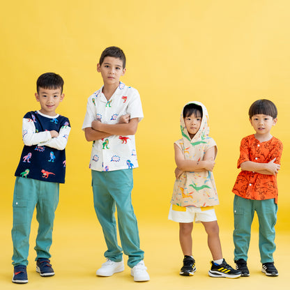 Made for Play - Boys Wide-Pocket Shirt in Dino Sketch Print in Orange by Le Petit Society — image 5