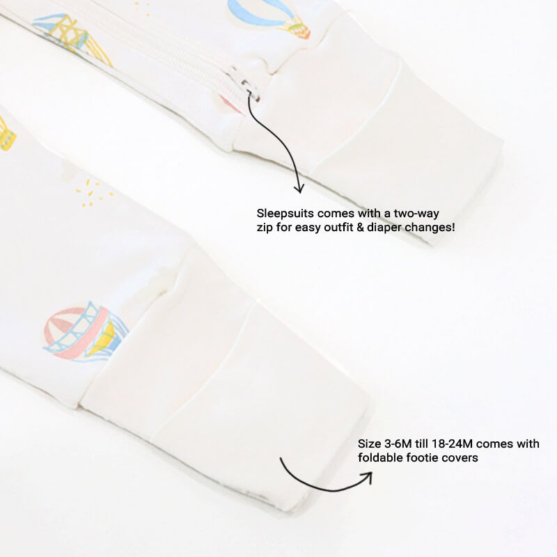 An infographic demonstrating the two-way zipper of a baby zip sleepsuit in hot air balloon print, and its function of providing an easy access to outfit and diaper changes.
