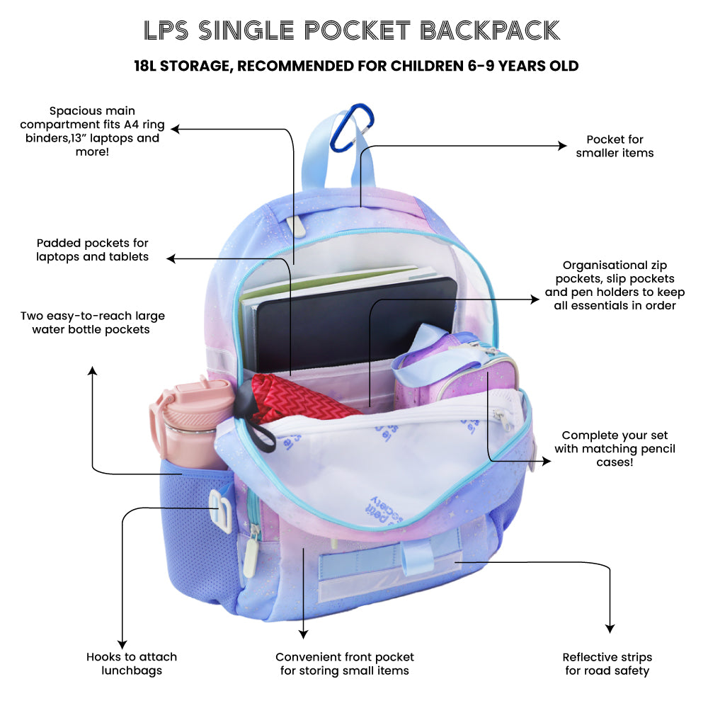 Infographic showing the various features of the LPS kids single pocket school bag.