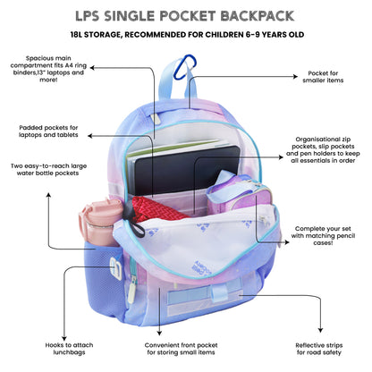 Infographic showing the various features of the LPS kids single pocket school bag.
