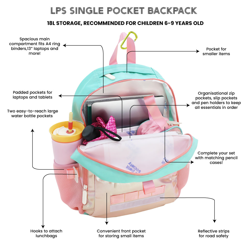 Infographic showing the various features of the LPS kids single pocket school bag.
