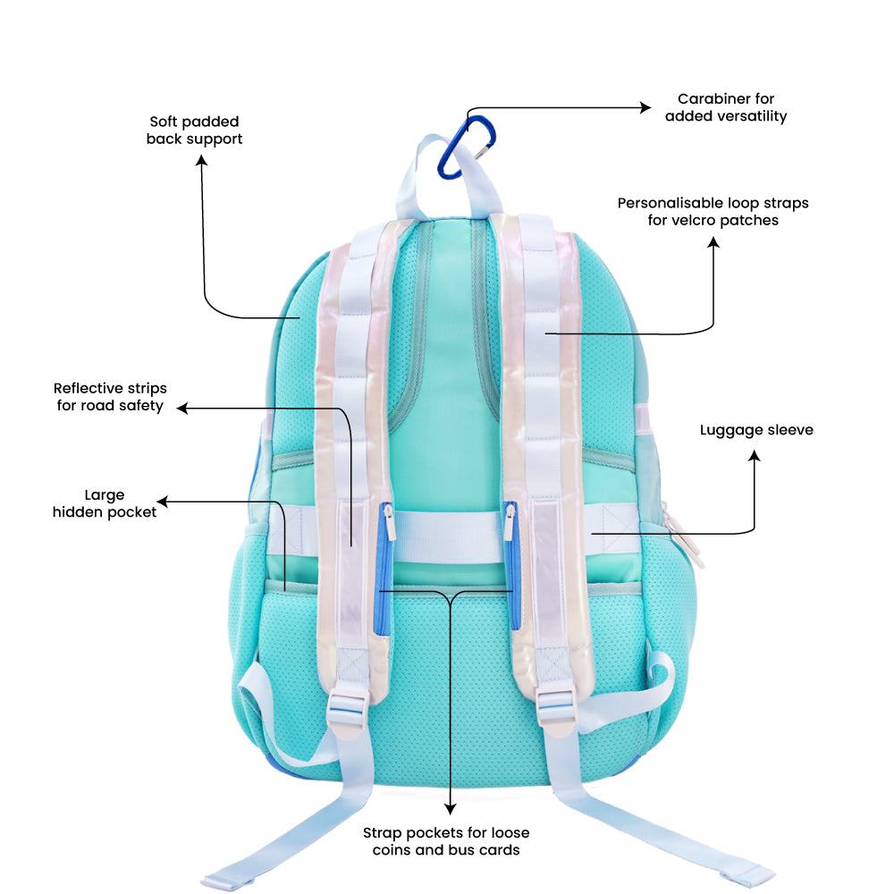 The various features of the LPS kids double pocket school bag.