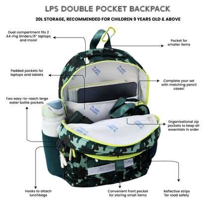 Infographic showing the various features of the LPS kids double pocket school bag.