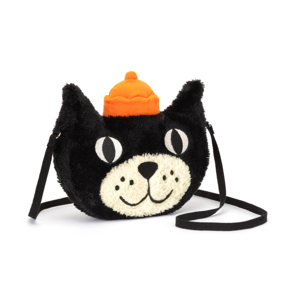 A front view of a plush black cat crossbody bag with embroidered eyes, smiling cream-colored face, and soft orange hat on top