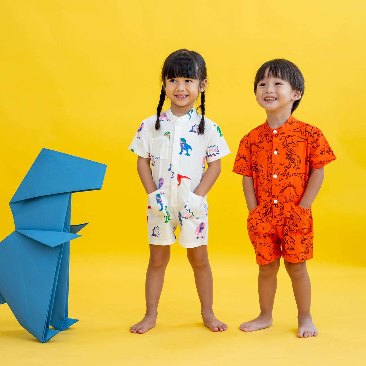 Made for Play - Kids Playsuit in Dino Sketch Print in Orange by Le Petit Society — image 3