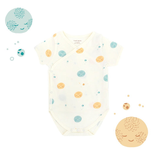 Baby Organic Kimono Romper in Planets Print by Le Petit Society
