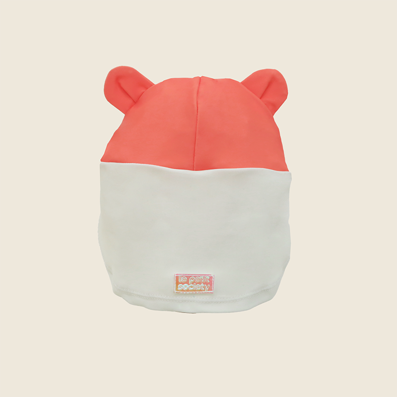 Baby Bear Sunhat back view showing bear ears, cream neck flap and Le Petit Society logo patch in coral and white