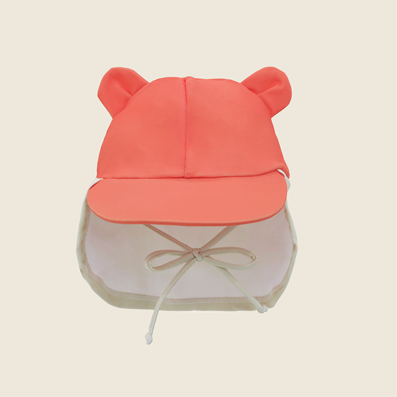 Baby Bear Sunhat front view with rounded bear ears, coral visor, cream neck flap and adjustable chin tie