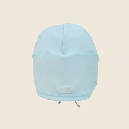 Baby Penguin Sunhat back view showing full neck flap and Le Petit Society logo patch in powder blue