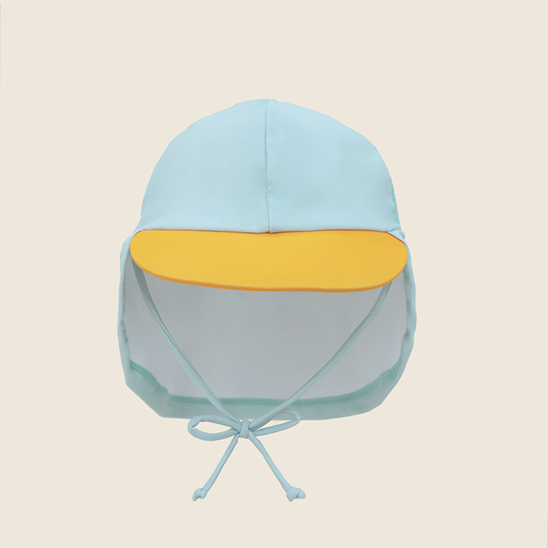 Baby Penguin Sunhat front view with yellow beak visor, neck flap and adjustable chin tie in light blue