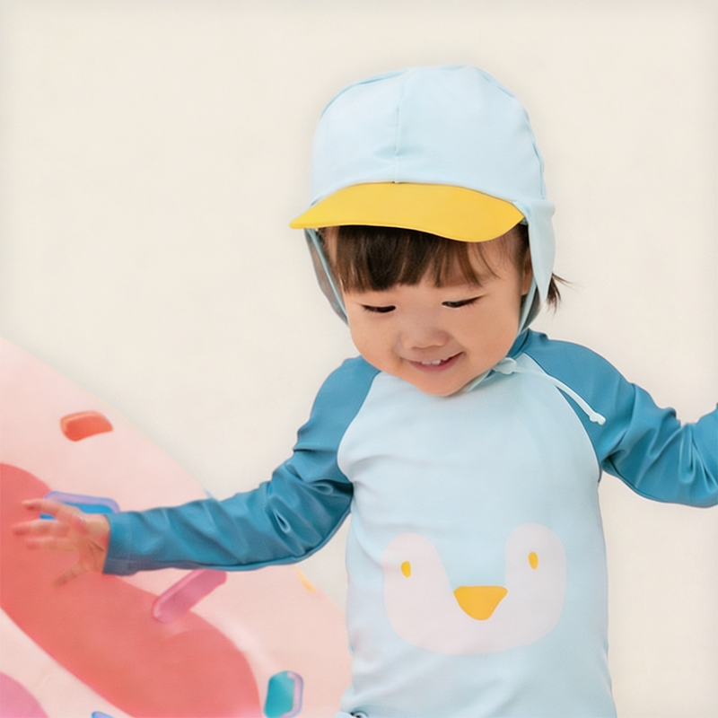 Toddler wearing Le Petit Society Baby Penguin Sunhat with yellow visor and matching blue and teal penguin rash guard swimsuit playing with colourful toys