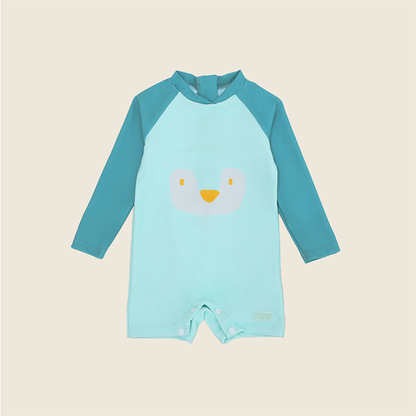 Baby Girl in Le Petit Society Blue Penguin Swimsuit Front Product Shot
