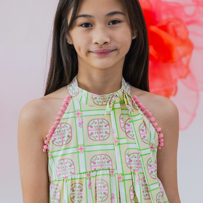 Heritage Series - Girls Cheongsam in Beige Peranakan Print by Le Petit Society