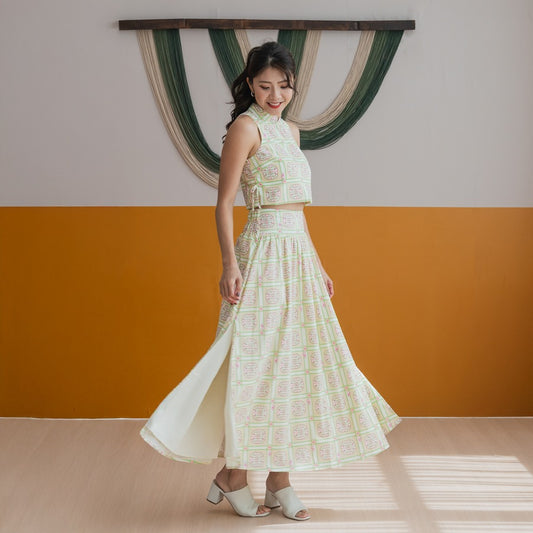 Heritage Series - Ladies Skirt in Beige Peranakan Print by Le Petit Society