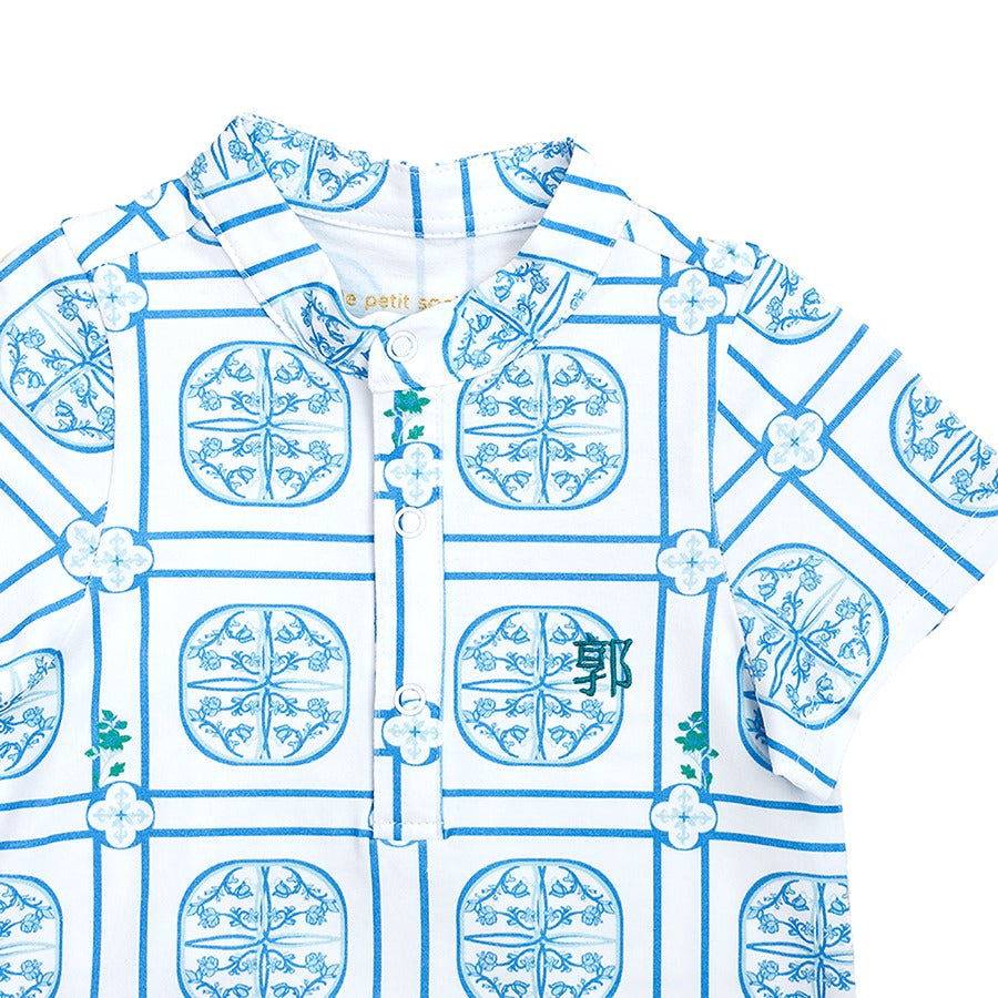 Heritage Series - Baby Boy Jersey Romper in Blue Peranakan Print by Le Petit Society — image 5