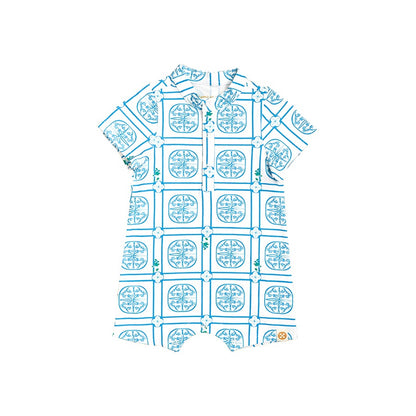Heritage Series - Baby Boy Jersey Romper in Blue Peranakan Print by Le Petit Society — image 4