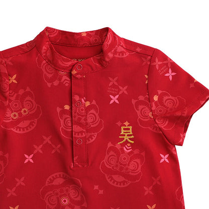 Lion Dance Series - Baby Boy Romper in Red Festive Lion Print by Le Petit Society — image 5