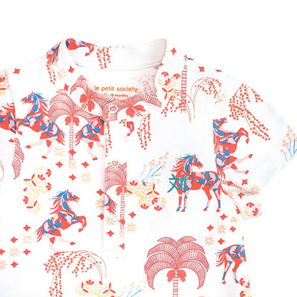 Zodiac Series - Baby Boy Jersey Romper in Red Carnival Horse Print by Le Petit Society — image 3