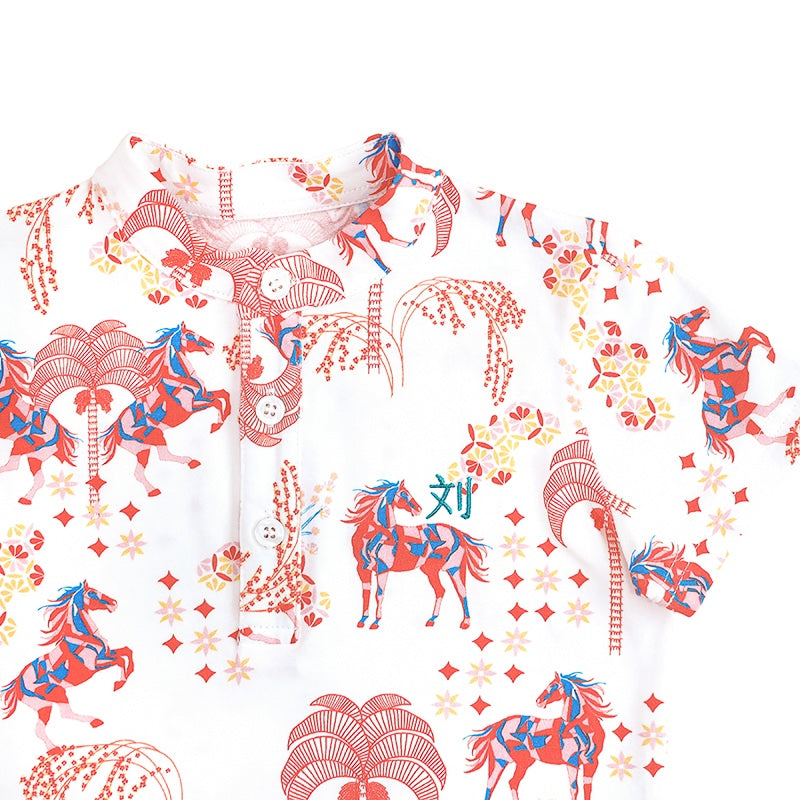 Zodiac Series - Boys Jersey Shirt in Red Carnival Horse Print by Le Petit Society — image 3