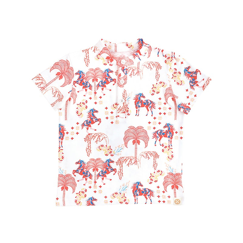 Zodiac Series - Boys Jersey Shirt in Red Carnival Horse Print by Le Petit Society — image 2