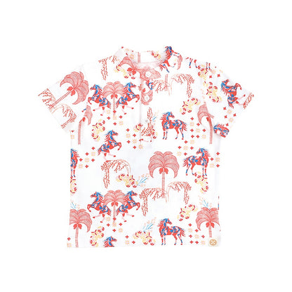Zodiac Series - Boys Jersey Shirt in Red Carnival Horse Print by Le Petit Society — image 2