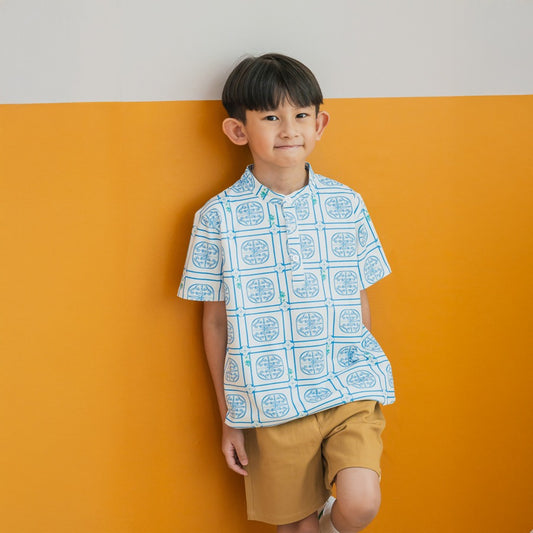 Heritage Series - Boys Jersey Shirt in Blue Peranakan Print by Le Petit Society