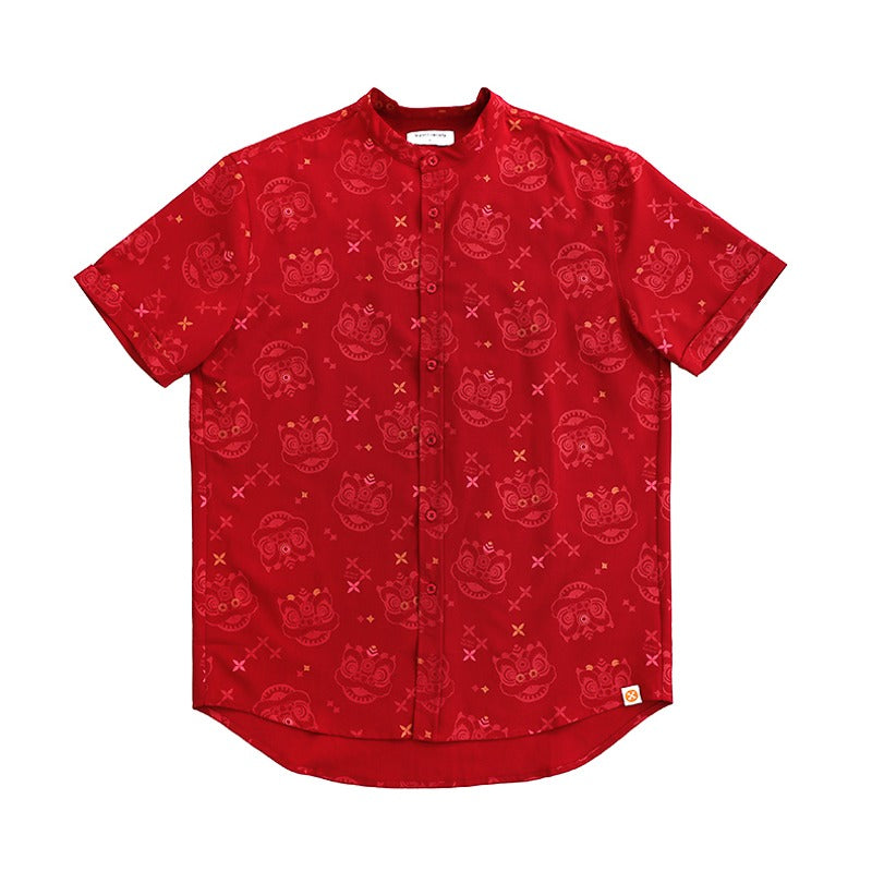 Lion Dance Series - Men's Shirt in Red Festive Lion Print (Classic Fit) by Le Petit Society