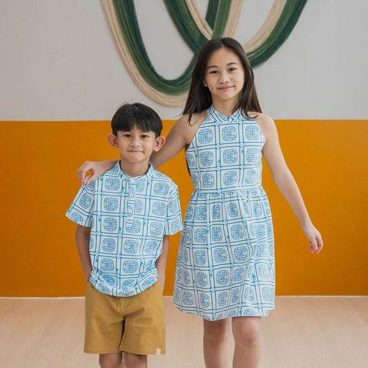 Heritage Series - Girls Cheongsam in Blue Peranakan Print by Le Petit Society