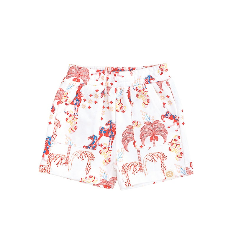 Zodiac Series - Boys Jersey Shorts in Red Carnival Horse Print by Le Petit Society