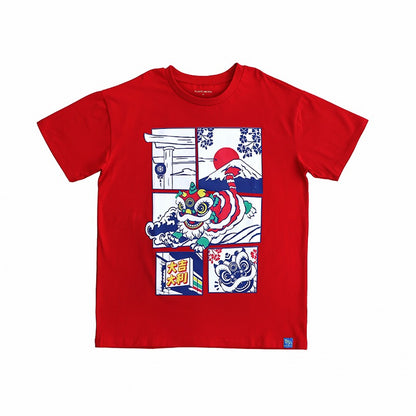 Lion Dance Series - Adult Comic Print Tee in Red by Le Petit Society