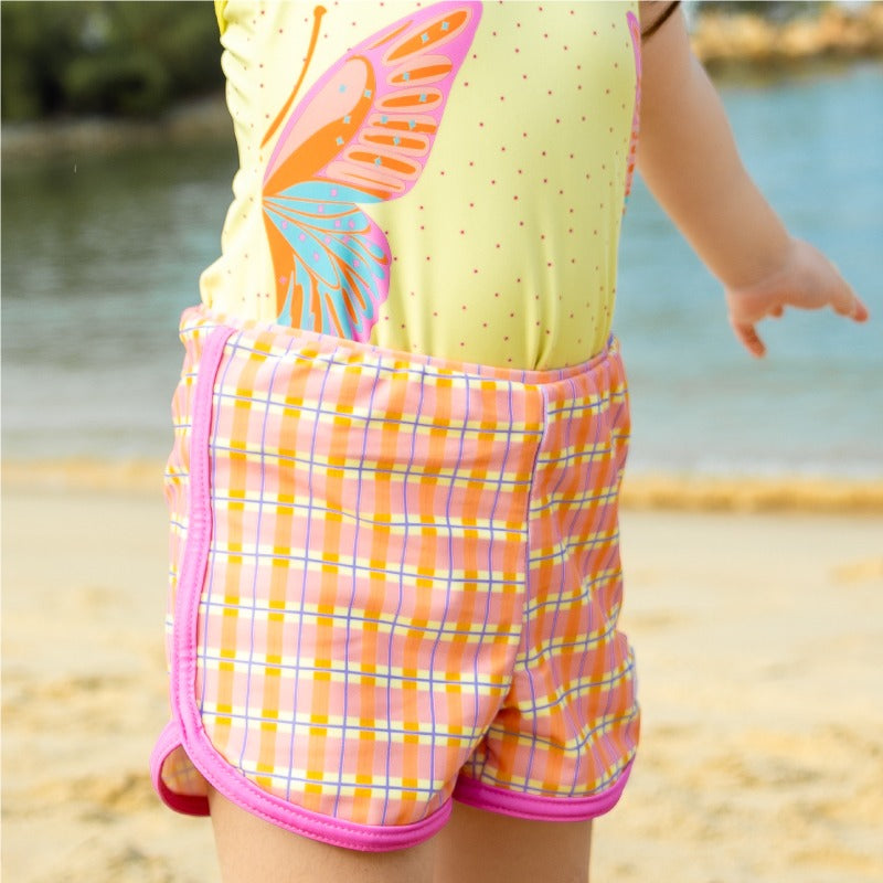 Girls Swim Shorts in Pink Gingham Print by Le Petit Society — image 3