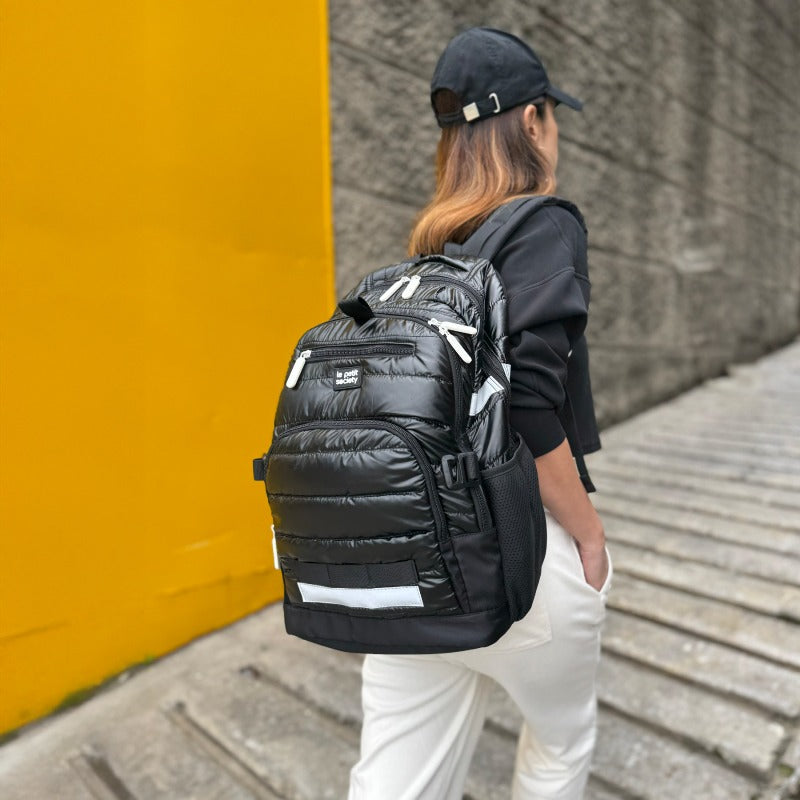 Double Pocket Backpack in Black Puffer by Le Petit Society — image 3