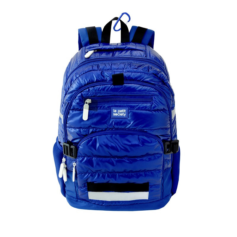 LPS Double Pocket Backpack in navy puffer fabric with dual compartments and reflective strips