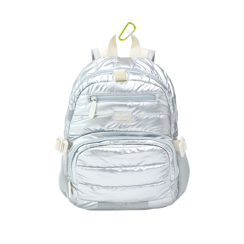 LPS Mini Backpack in silver puffer fabric with detachable chest buckle and front pocket