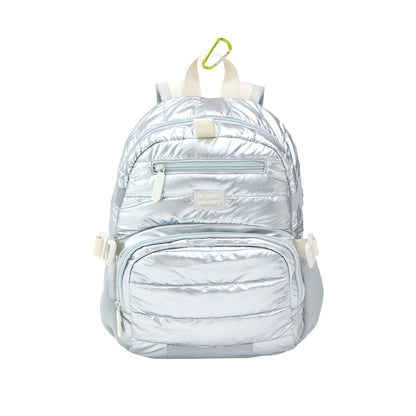 LPS Mini Backpack in silver puffer fabric with detachable chest buckle and front pocket