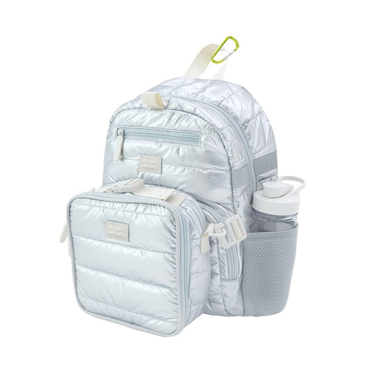 Mini Backpack and Lunch Bag Bundle in Silver Puffer by Le Petit Society