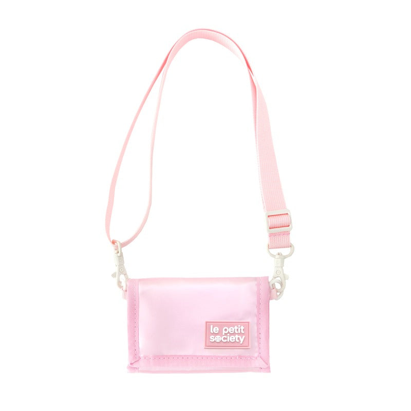 Kids tri-fold wallet in metallic pink with detachable lanyard and card slots