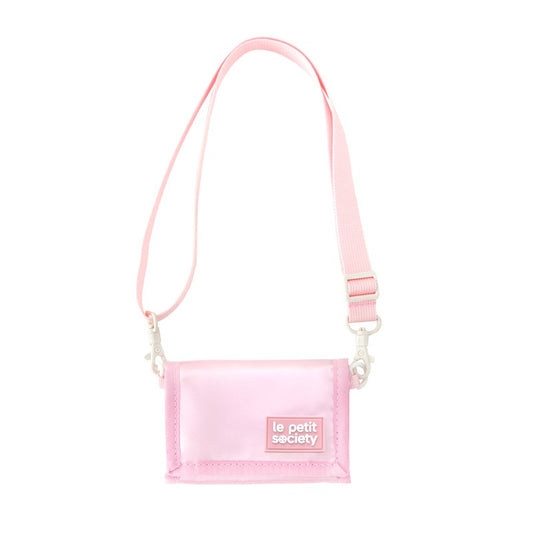Kids tri-fold wallet in metallic pink with detachable lanyard and card slots