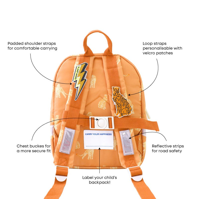 Infographic demonstrating the various features of the mini explorer preschool bag. 