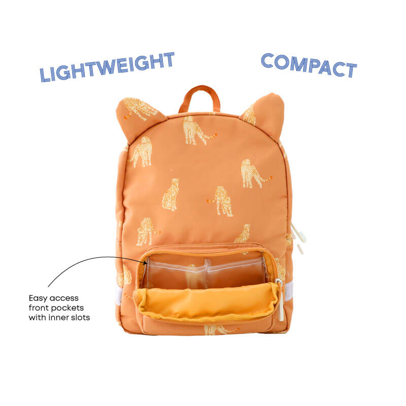 Infographic showing the inner slots in the front pocket of an orange preschool bag.