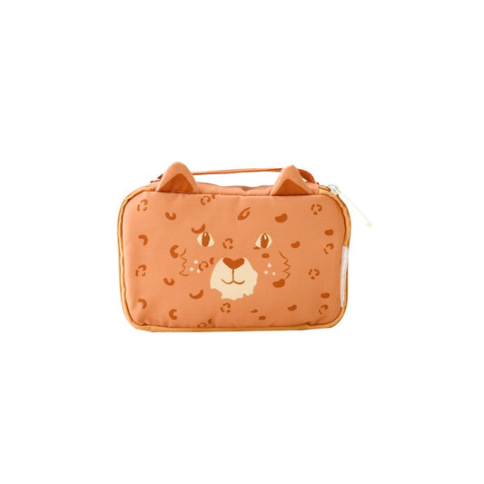 An orange Explorer pencil case and pouch with a leopard print and a pair of animal ears.